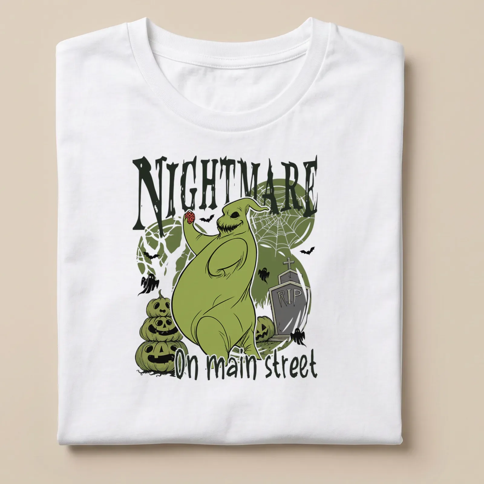Illustrative horror design of a spooky green ghost with Halloween colors — printed on a unisex t-shirt