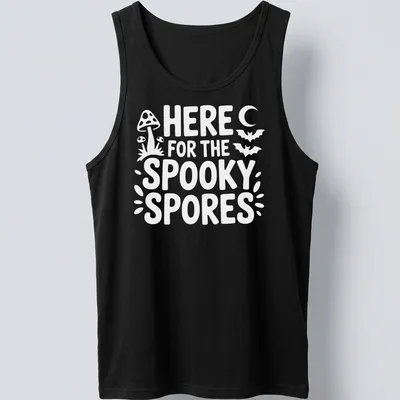 Playful graphic of spooky spores with text saying 'Here For The Spooky Spores' in black, orange, and purple. — printed on a tank top