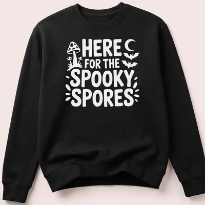 Playful graphic of spooky spores with text saying 'Here For The Spooky Spores' in black, orange, and purple. — printed on a unisex sweatshirt