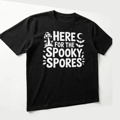 Playful graphic of spooky spores with text saying 'Here For The Spooky Spores' in black, orange, and purple. — printed on a unisex t-shirt (angled view)