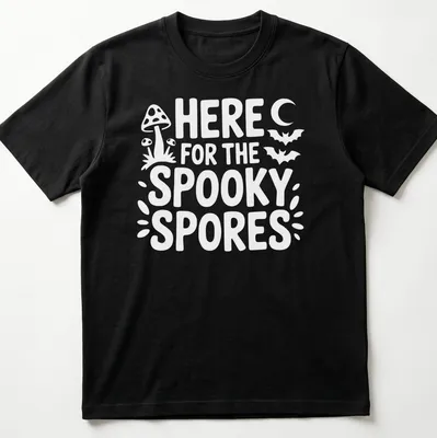 Playful graphic of spooky spores with text saying 'Here For The Spooky Spores' in black, orange, and purple.