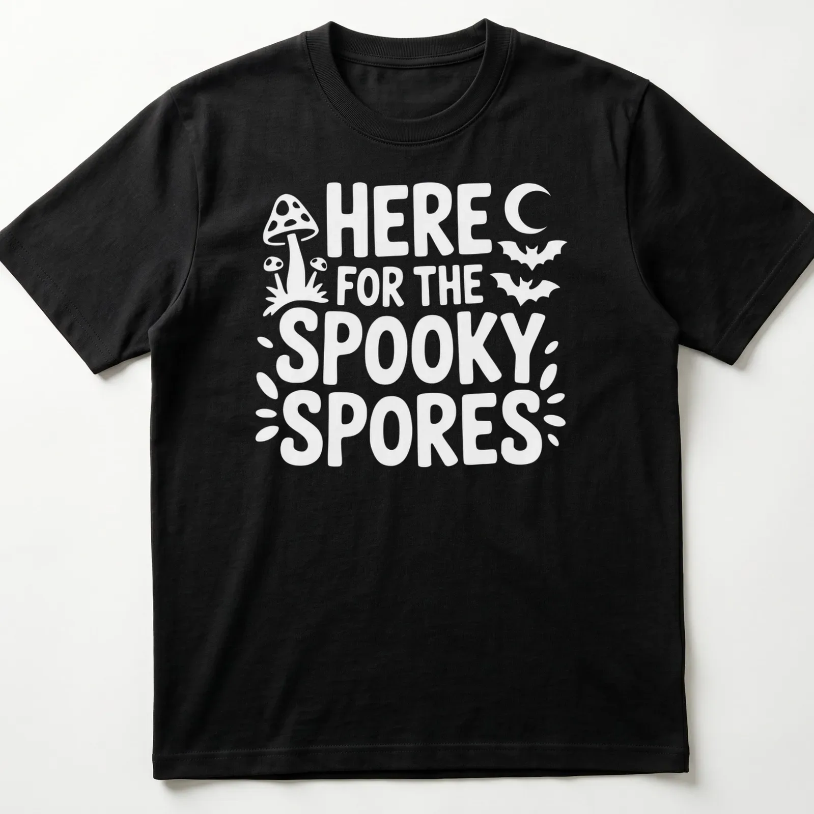 Playful graphic of spooky spores with text saying 'Here For The Spooky Spores' in black, orange, and purple. — printed on a unisex t-shirt