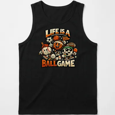 Vintage cartoon sports characters surround the phrase 'Life Is A Ball Game Play Hard!' — printed on a tank top