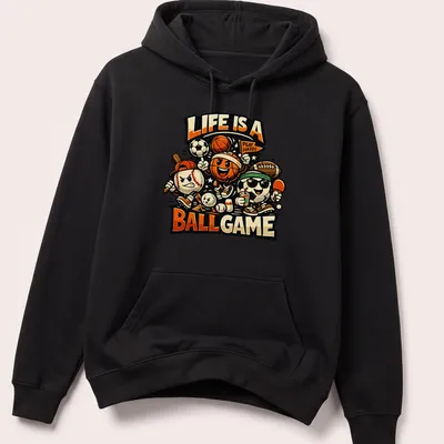 Vintage cartoon sports characters surround the phrase 'Life Is A Ball Game Play Hard!' — printed on a unisex hoodie