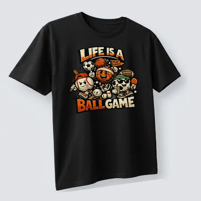 Vintage cartoon sports characters surround the phrase 'Life Is A Ball Game Play Hard!' — printed on a unisex t-shirt (angled view)