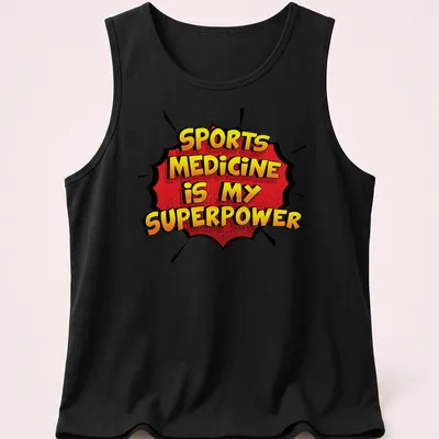 Comic book style Sports Medicine t-shirt with bold colors and text — printed on a tank top