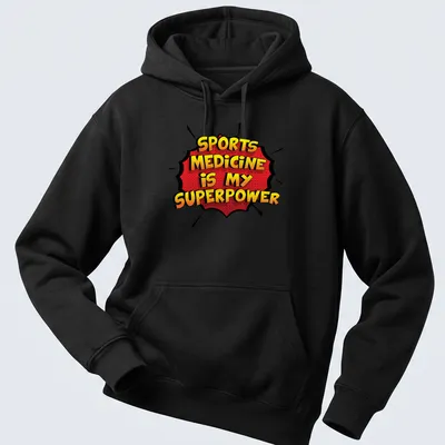 Comic book style Sports Medicine t-shirt with bold colors and text — printed on a unisex hoodie