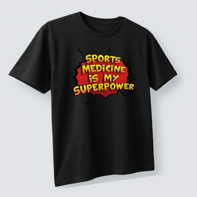 Comic book style Sports Medicine t-shirt with bold colors and text — printed on a unisex t-shirt (angled view)