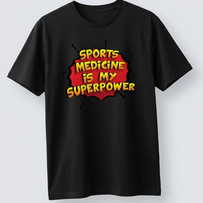 Comic book style Sports Medicine t-shirt with bold colors and text