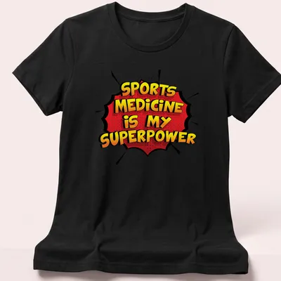 Comic book style Sports Medicine t-shirt with bold colors and text — printed on a women's shirt