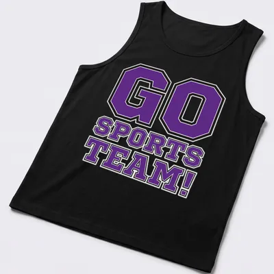 Bold collegiate Go Sports Team t-shirt in purple, black, and white. — printed on a tank top