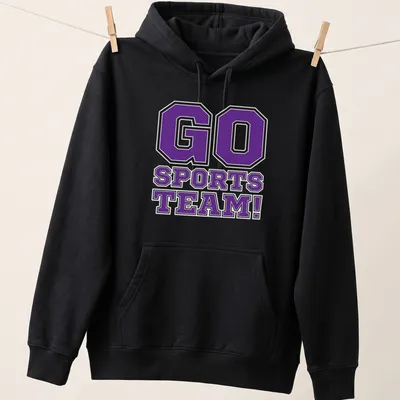 Bold collegiate Go Sports Team t-shirt in purple, black, and white. — printed on a unisex hoodie