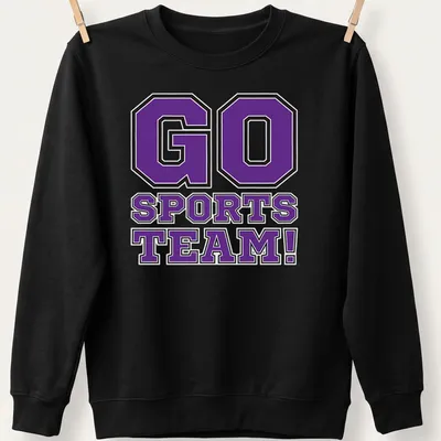 Bold collegiate Go Sports Team t-shirt in purple, black, and white. — printed on a unisex sweatshirt