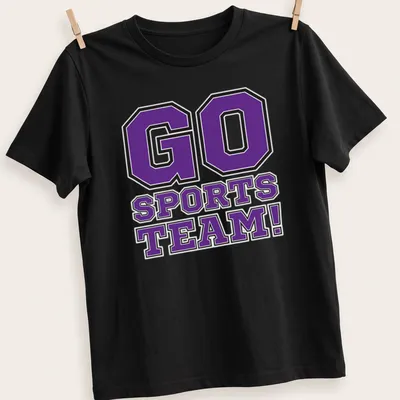 Bold collegiate Go Sports Team t-shirt in purple, black, and white.