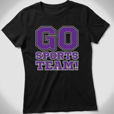 Bold collegiate Go Sports Team t-shirt in purple, black, and white. — printed on a women's shirt