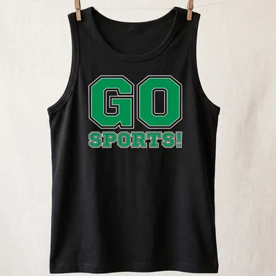 Bold typographic print reading GO SPORTS! in green, black, and white — printed on a tank top