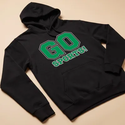 Bold typographic print reading GO SPORTS! in green, black, and white — printed on a unisex hoodie