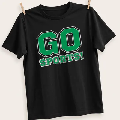 Bold typographic print reading GO SPORTS! in green, black, and white