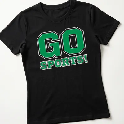Bold typographic print reading GO SPORTS! in green, black, and white — printed on a women's shirt