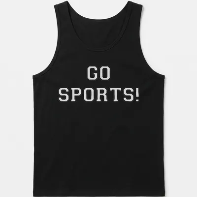 Bold typography t-shirt with 'Go Sports' in blue and white colors — printed on a tank top