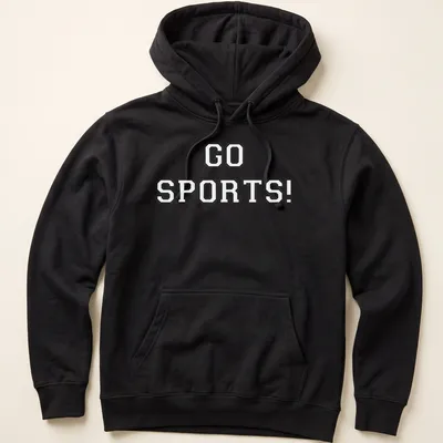 Bold typography t-shirt with 'Go Sports' in blue and white colors — printed on a unisex hoodie