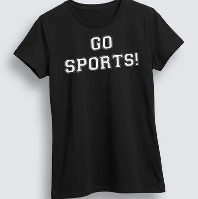 Bold typography t-shirt with 'Go Sports' in blue and white colors — printed on a women's shirt