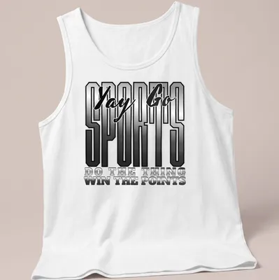 Bold typography Sports Yay Go Do The Thing Win The Points shirt in black, white, and gray — printed on a tank top