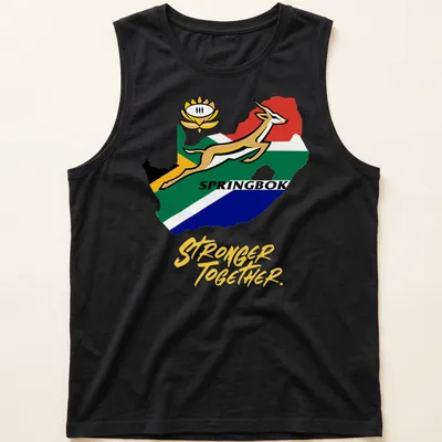 Bold graphic of a Springbok antelope with 'Stronger Together' text in green and yellow — printed on a tank top