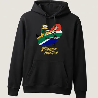 Bold graphic of a Springbok antelope with 'Stronger Together' text in green and yellow — printed on a unisex hoodie
