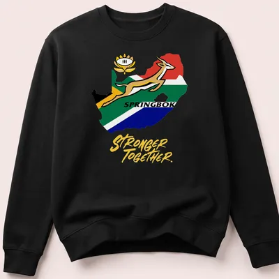 Bold graphic of a Springbok antelope with 'Stronger Together' text in green and yellow — printed on a unisex sweatshirt