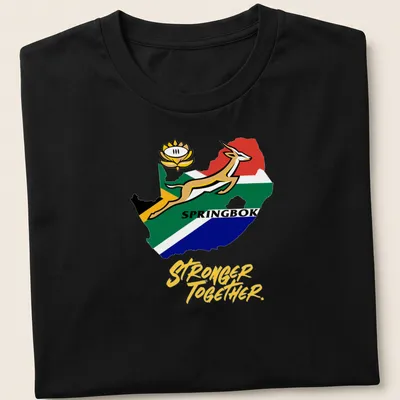 Bold graphic of a Springbok antelope with 'Stronger Together' text in green and yellow