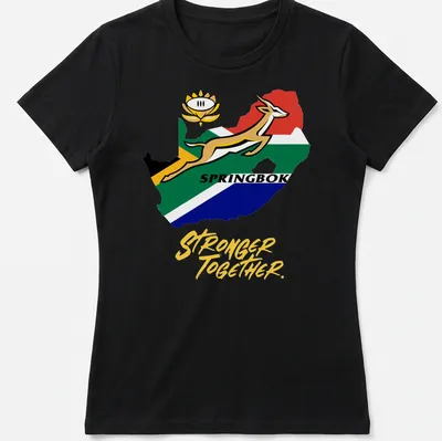 Bold graphic of a Springbok antelope with 'Stronger Together' text in green and yellow — printed on a women's shirt