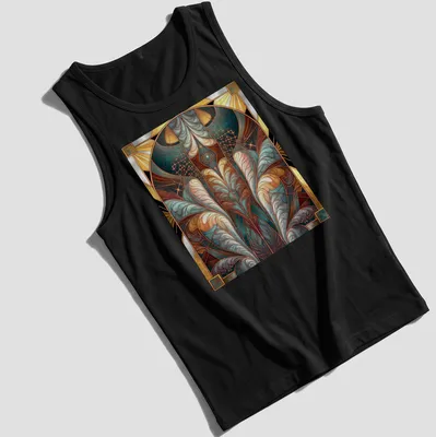 Art Nouveau stained glass design featuring elegant feathers in various colors — printed on a tank top