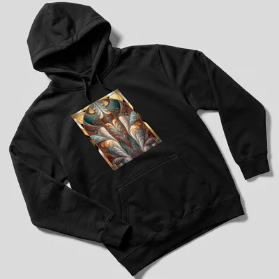 Art Nouveau stained glass design featuring elegant feathers in various colors — printed on a unisex hoodie