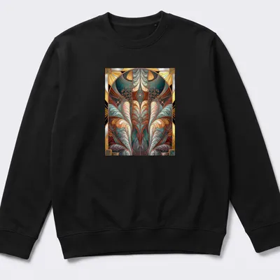 Art Nouveau stained glass design featuring elegant feathers in various colors — printed on a unisex sweatshirt