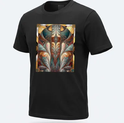 Art Nouveau stained glass design featuring elegant feathers in various colors