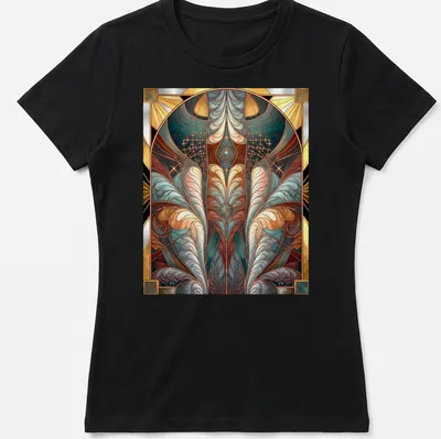 Art Nouveau stained glass design featuring elegant feathers in various colors — printed on a women's shirt