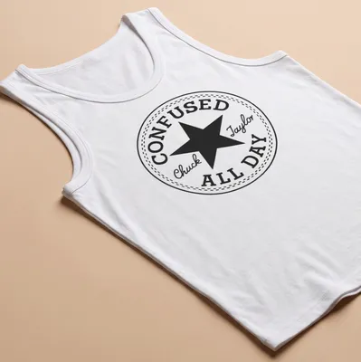 Circular badge with the text Confused Chuck Taylor All Day and a star graphic — printed on a tank top