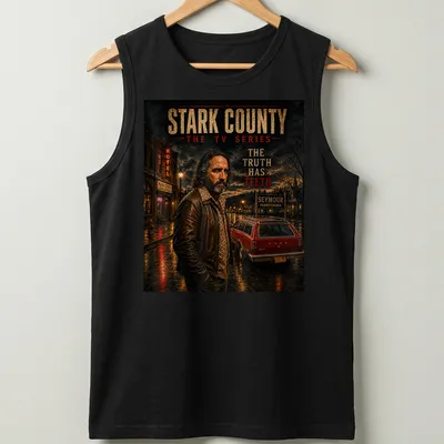 Dramatic design featuring a man in leather jacket with vintage car — printed on a tank top