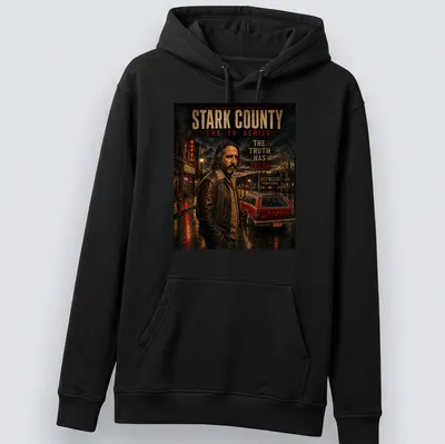 Dramatic design featuring a man in leather jacket with vintage car — printed on a unisex hoodie