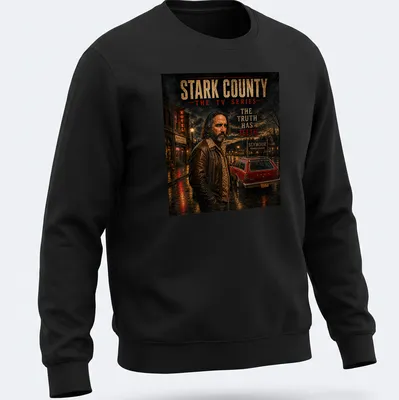 Dramatic design featuring a man in leather jacket with vintage car — printed on a unisex sweatshirt