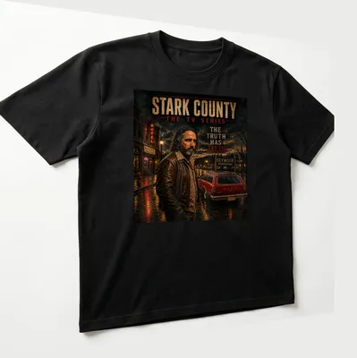 Dramatic design featuring a man in leather jacket with vintage car — printed on a unisex t-shirt (angled view)