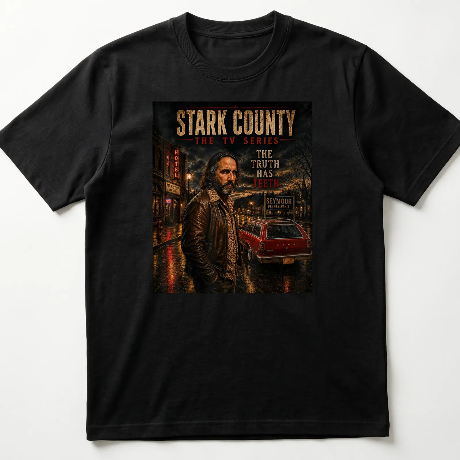 Dramatic design featuring a man in leather jacket with vintage car — printed on a unisex t-shirt