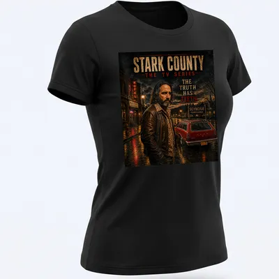 Dramatic design featuring a man in leather jacket with vintage car — printed on a women's shirt