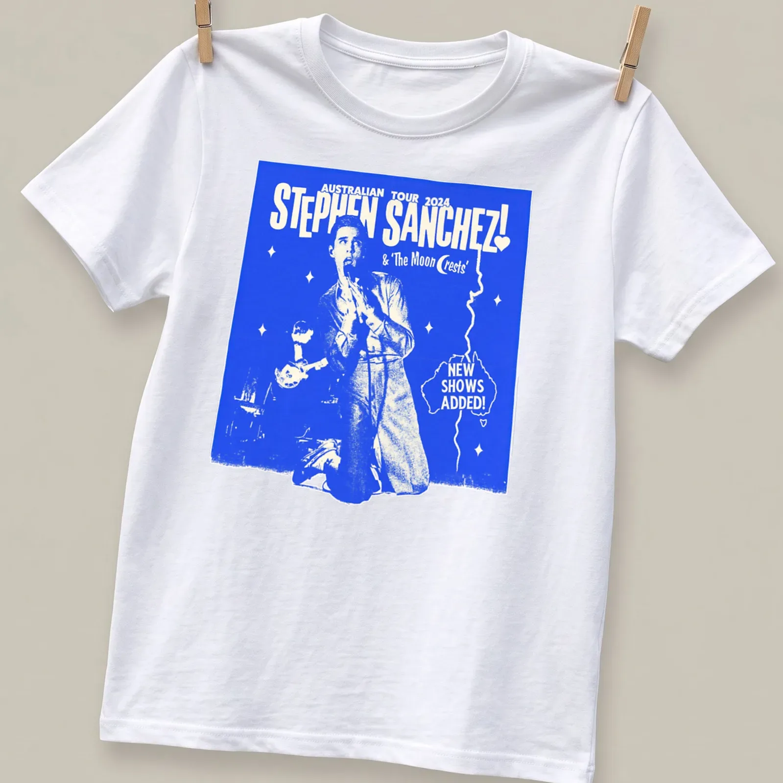 Vintage concert poster style T-shirt for Stephen Sanchez’s Australian tour 2024 — printed on a unisex t-shirt