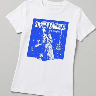 Vintage concert poster style T-shirt for Stephen Sanchez’s Australian tour 2024 — printed on a women's shirt