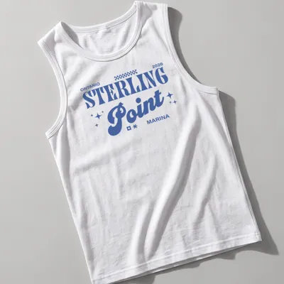 Bold retro design featuring Ontario 2026 Sterling Point Marina text in blue and white — printed on a tank top
