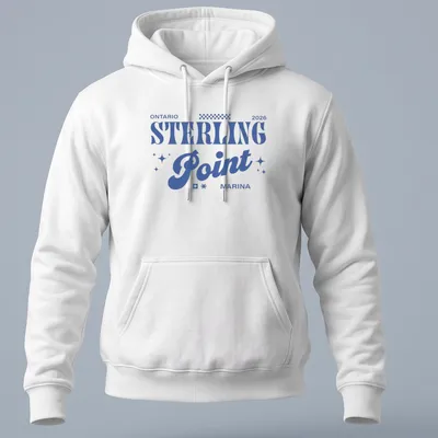Bold retro design featuring Ontario 2026 Sterling Point Marina text in blue and white — printed on a unisex hoodie