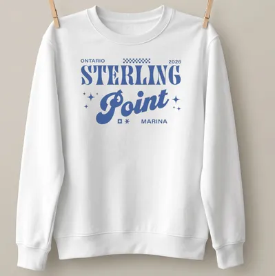 Bold retro design featuring Ontario 2026 Sterling Point Marina text in blue and white — printed on a unisex sweatshirt