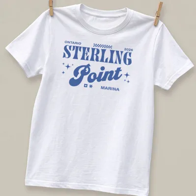 Bold retro design featuring Ontario 2026 Sterling Point Marina text in blue and white